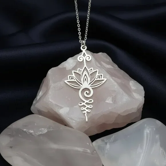 Lotus Flower Unalome Pendant Necklace Silver Tone NWOT - Picture 5 of 7